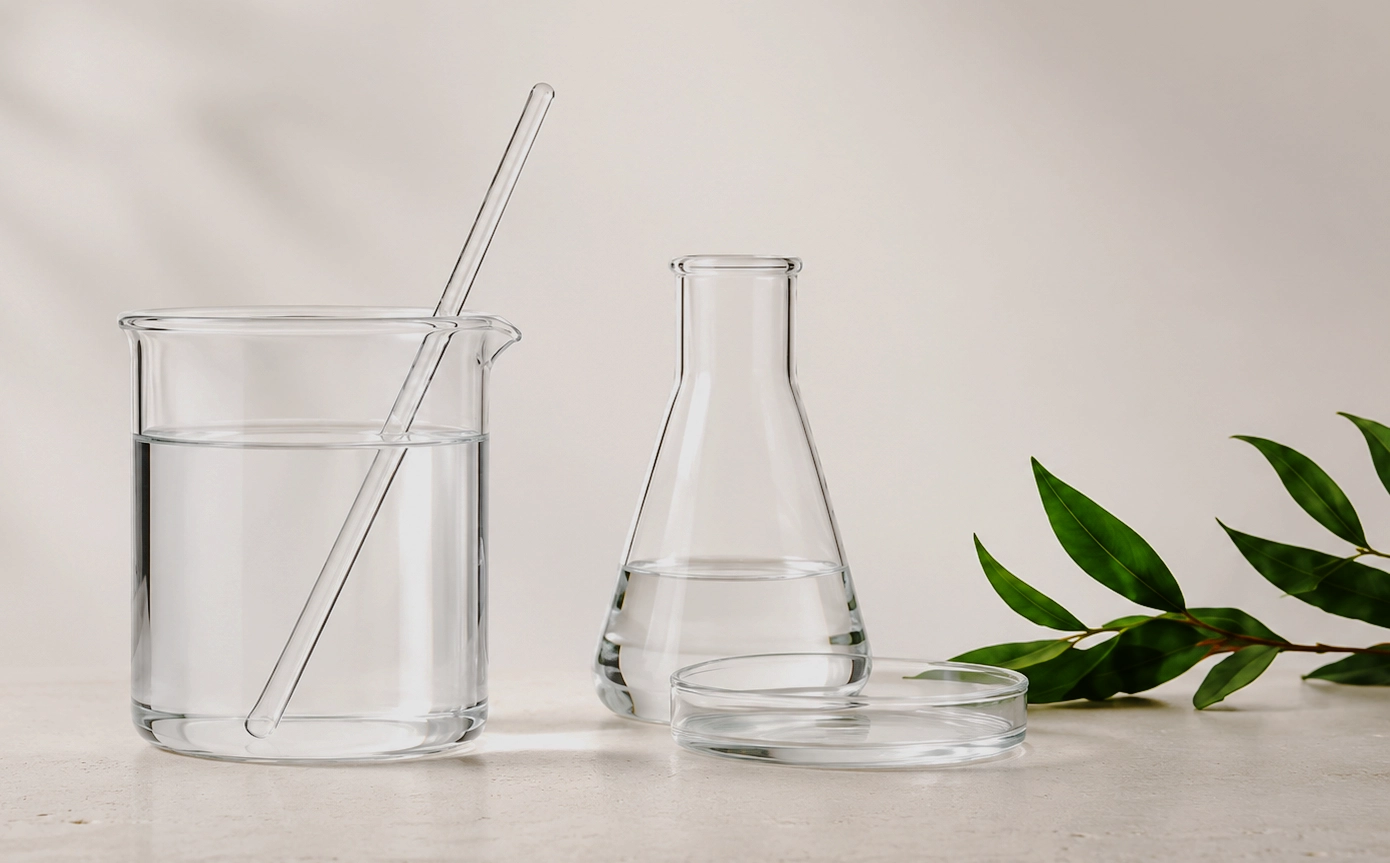 PaxDerm barrier-focused skincare science with laboratory glassware and botanical ingredients