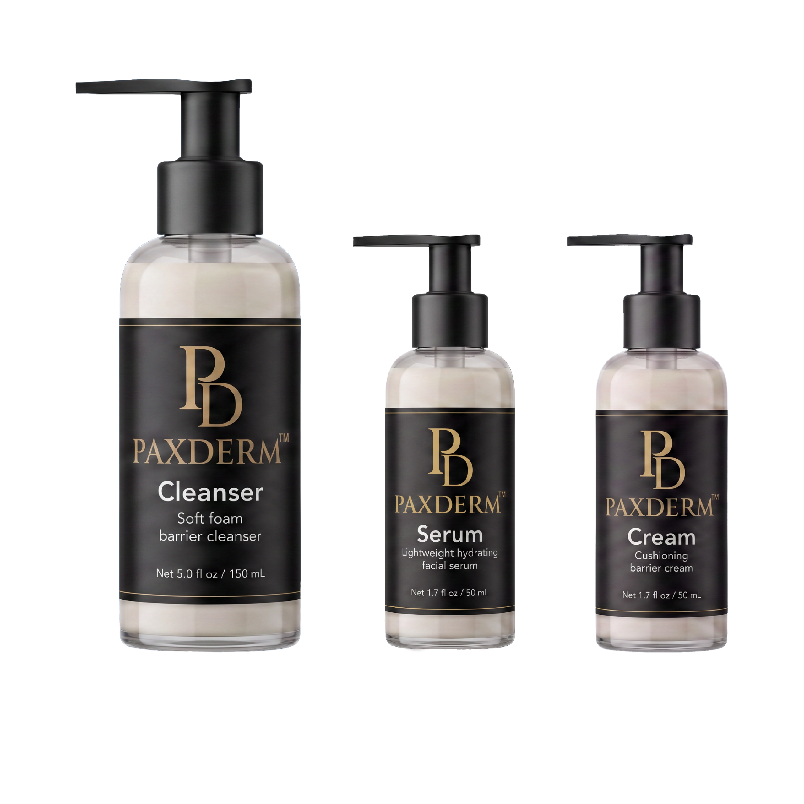 PaxDerm Full Routine, Cleanser, Serum and Cream in flint glass bottles with pumps