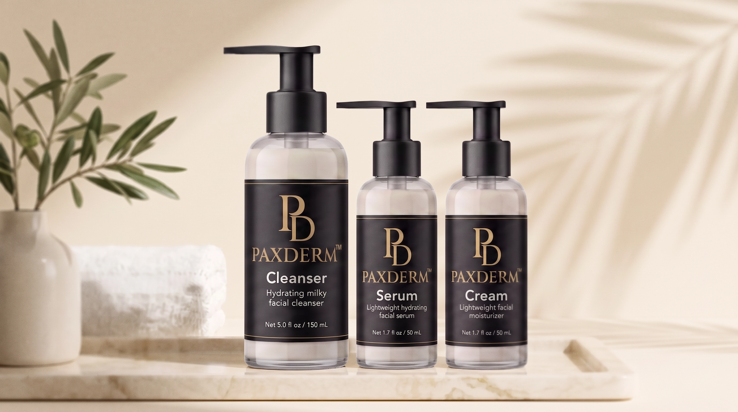 PaxDerm barrier-first skincare routine set — Cleanser, Serum and Cream bottles on a marble tray