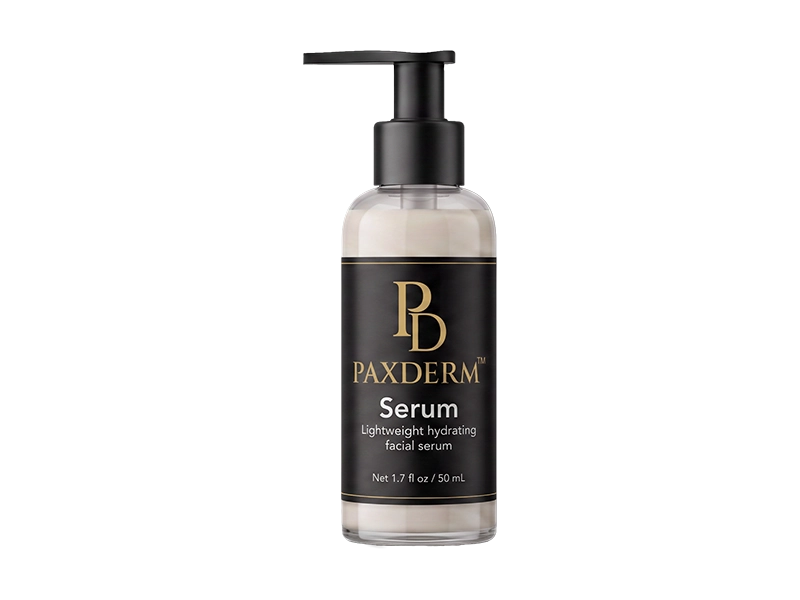 PaxDerm Serum, a fragrance-free skincare ingredient system in a 50 mL flint glass bottle with pump